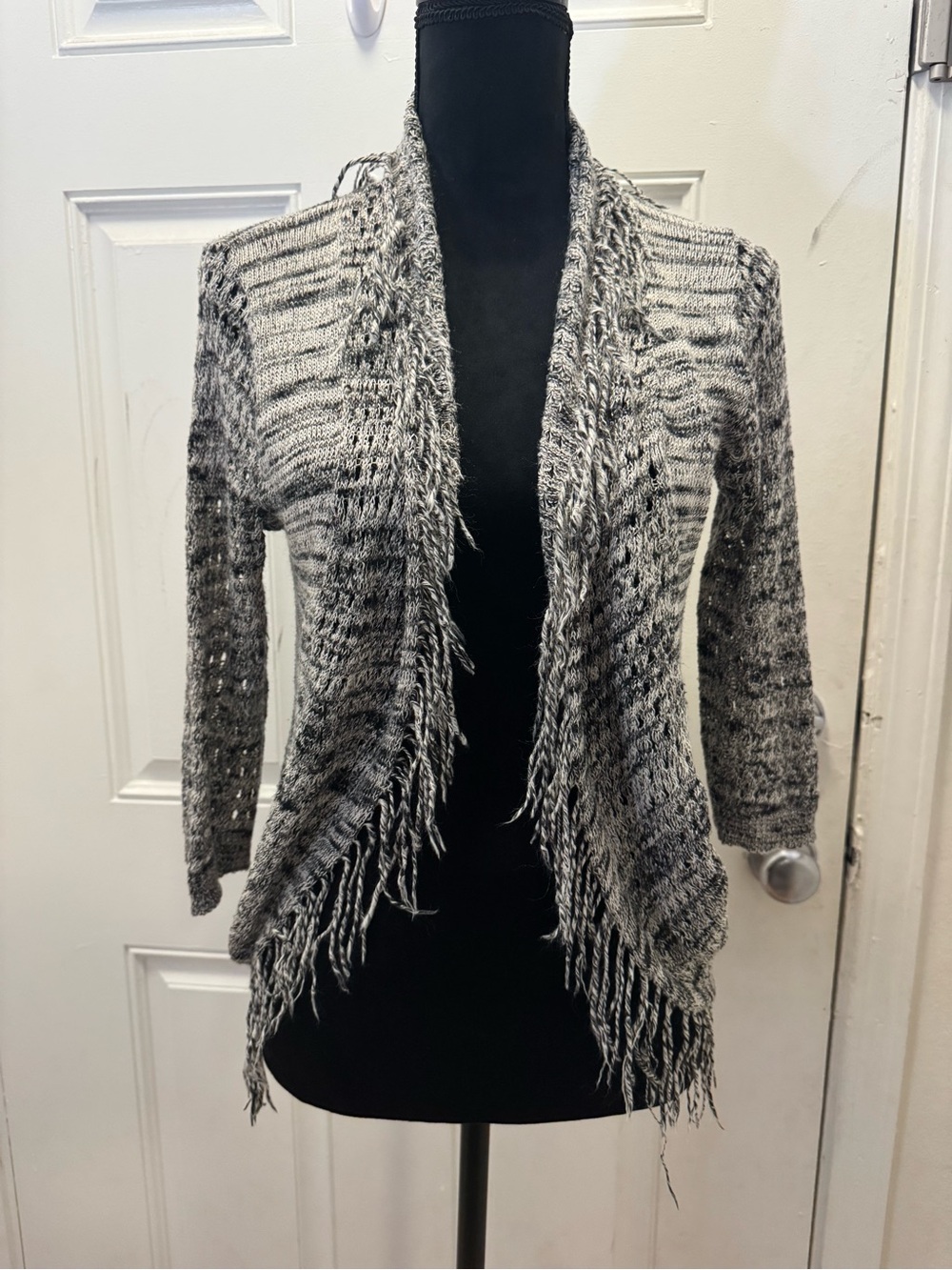 Vanity Black/Gray/White Fringe Open-Front Cardigan 0007
